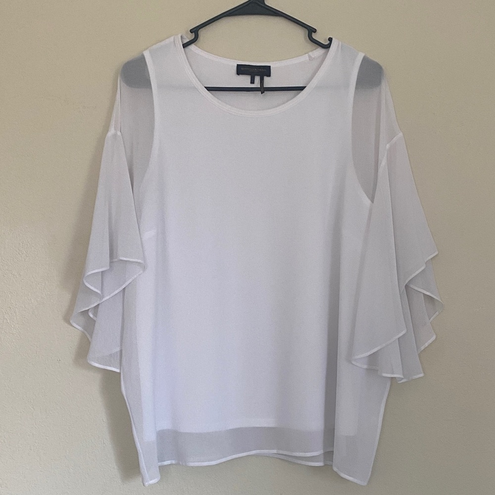 Donna Karan White Sheer Ruffle Sleeve Blouse - Picture 3 of 12